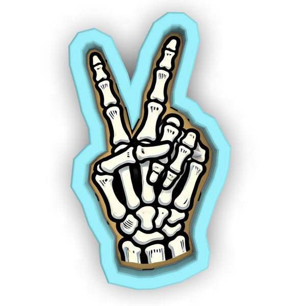 a sticker of a hand making the v sign