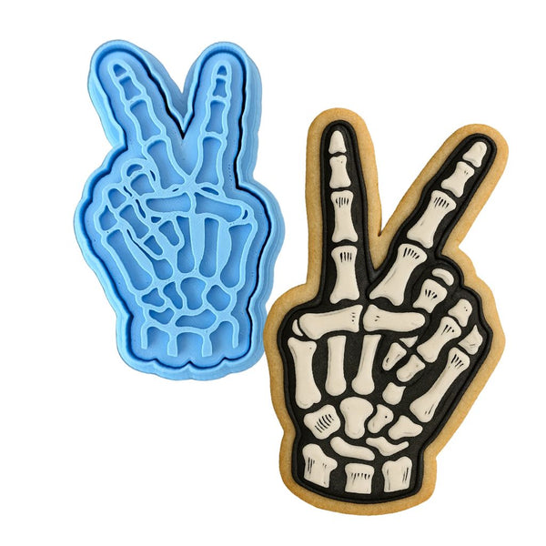 Peace Sign Skeleton Hand Cookie Cutter | Stamp | Stencil - SHARP EDGES - FAST Shipping - Choose Your Own Size! #1 Cookie Cutter Lady LITTLE - 3 Inches (7.62cm) **BUNDLE** Cutter + Stamp 