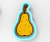 A blue-bordered cookie cutter shaped like a pear.