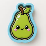 A green pear with a cute face and a stem is depicted in the image.
