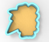 A 3D rendering of a cookie cutter in the shape of a flower, with a light yellow center and a blue outline.