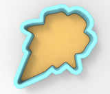 A 3D rendering of a cookie cutter in the shape of a flower, with a light yellow center and a blue outline.