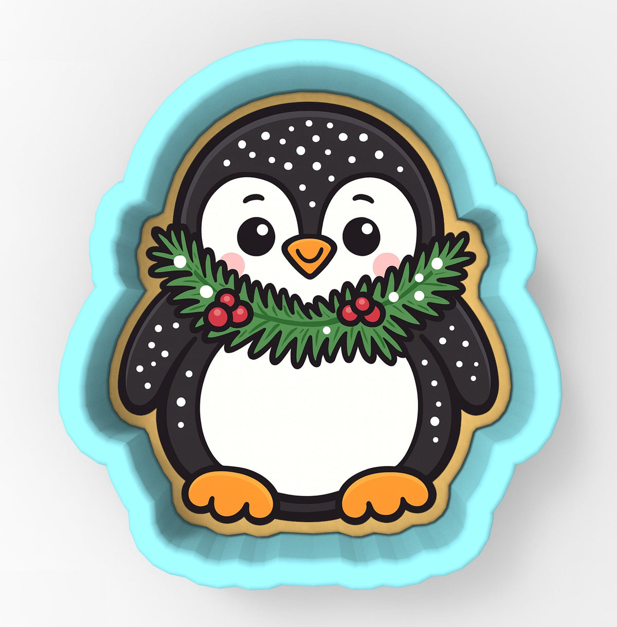 A cute cartoon penguin cookie cutter with a festive wreath around its neck.