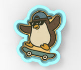 a penguin wearing a hat and sunglasses riding a skateboard