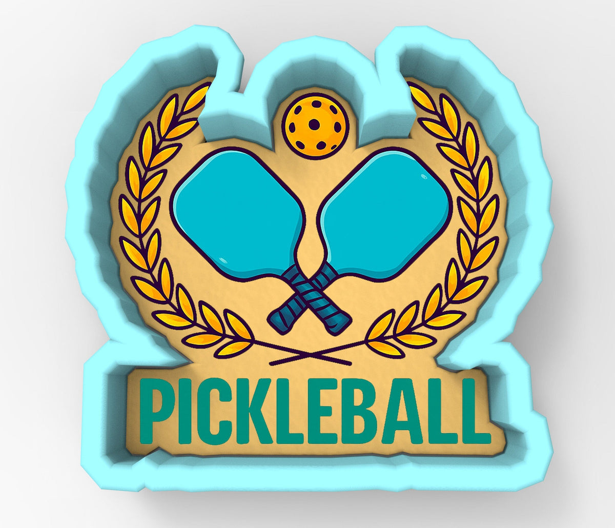 a logo for a sport called "Pickleball". The logo consists of two blue paddles crossed in an X shape, with a yellow ball above them, all set against a light blue background. The word "Pickleball" is prominently displayed below the logo.