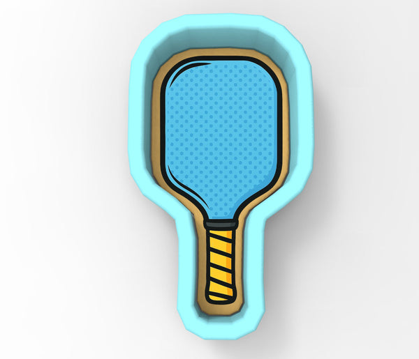 A blue paddle with a yellow handle is depicted in the image.