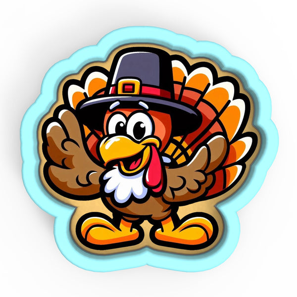 a cartoon turkey wearing a pilgrim hat