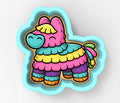 A colorful cartoon pinto pig with a pink body, yellow mane, and blue eyes, standing on a blue background.
