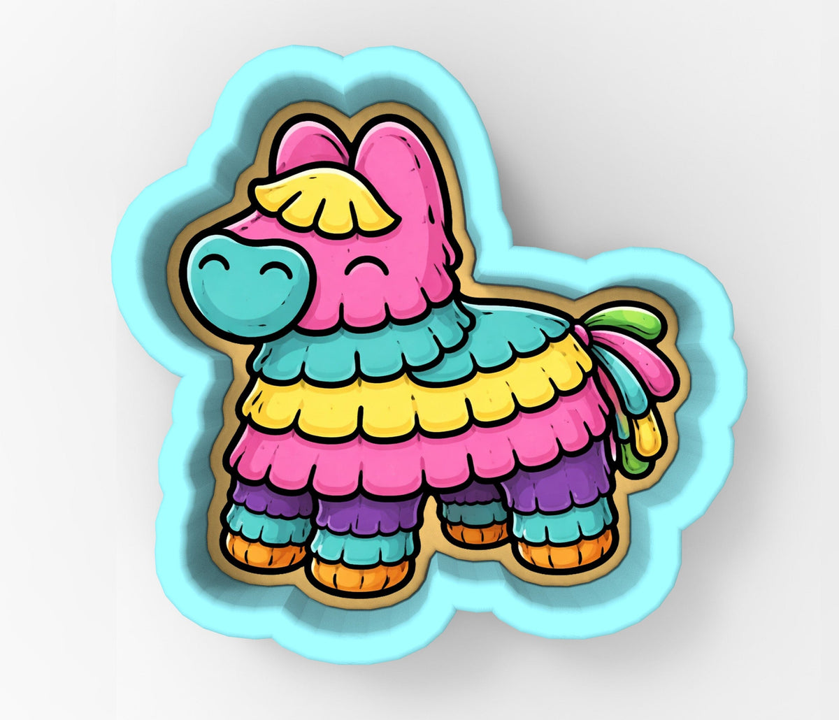 A colorful cartoon pinto pig with a pink body, yellow mane, and blue eyes, standing on a blue background.