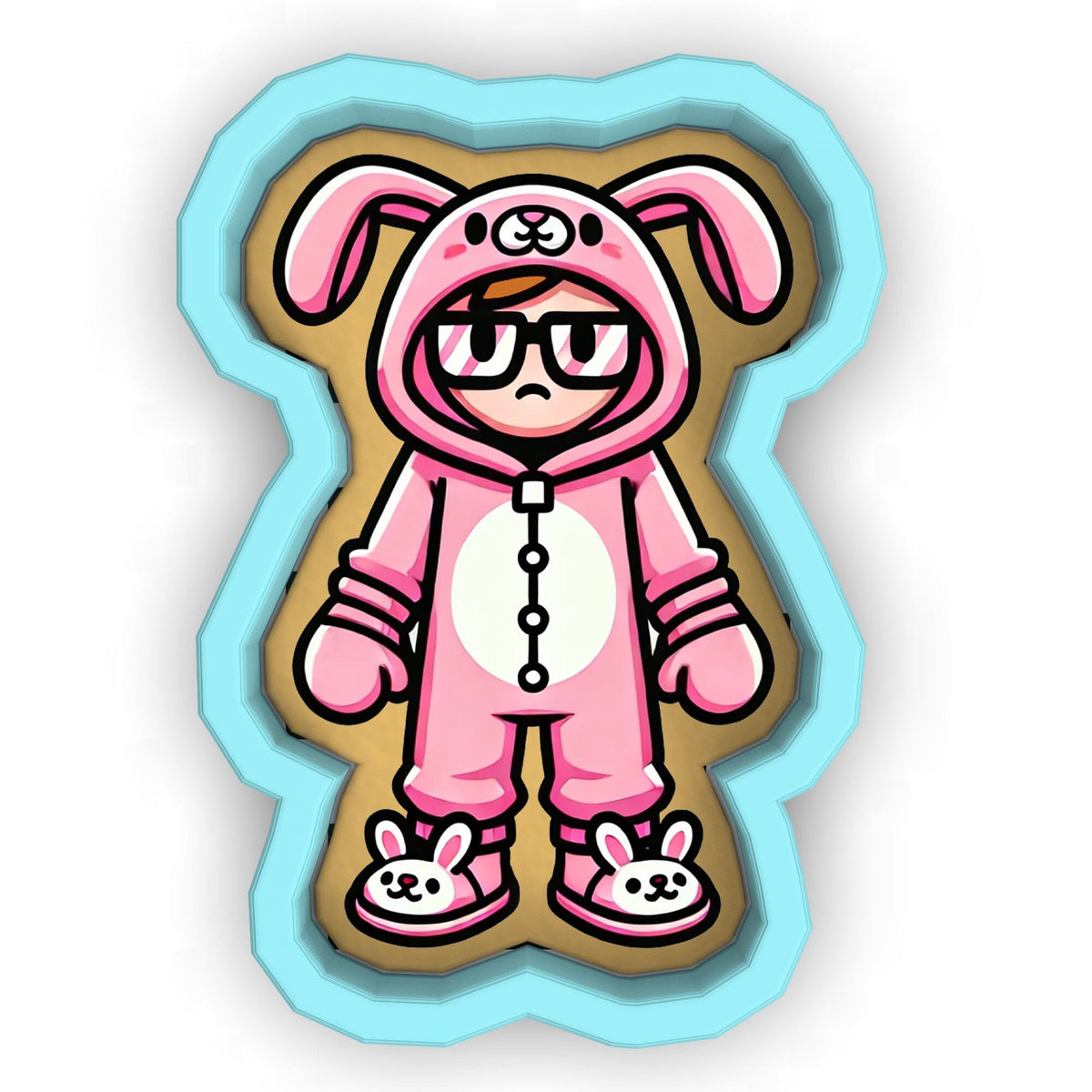 a sticker of a pink dog wearing glasses