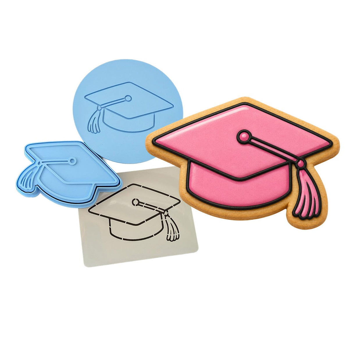 Pink Graduation Cap Cookie Cutter | Stamp | Stencil - SHARP EDGES - FAST Shipping - Choose Your Own Size! #1 Cookie Cutter Lady LITTLE - 3 Inches (7.62cm) **FULL SET BUNDLE** Cutter + Stamp + Stencil + Debosser **BEST DEAL** 