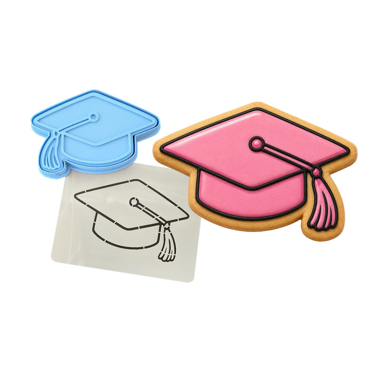 Pink Graduation Cap Cookie Cutter | Stamp | Stencil - SHARP EDGES - FAST Shipping - Choose Your Own Size! #1 Cookie Cutter Lady LITTLE - 3 Inches (7.62cm) **BUNDLE** Cutter + Stamp + Stencil 