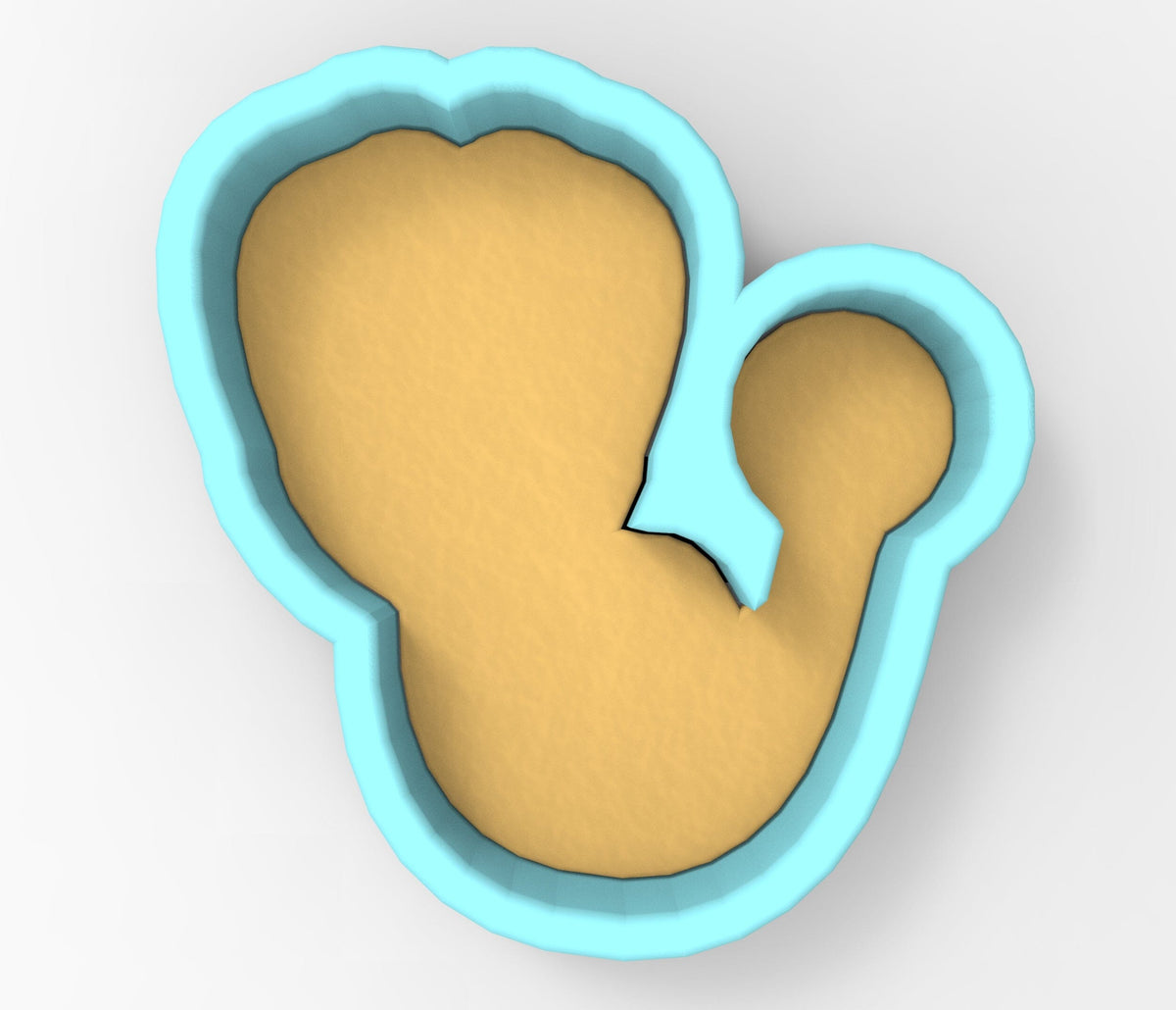 A 3D rendering of a cookie cutter in the shape of a heart, with a light brown interior and a blue exterior.