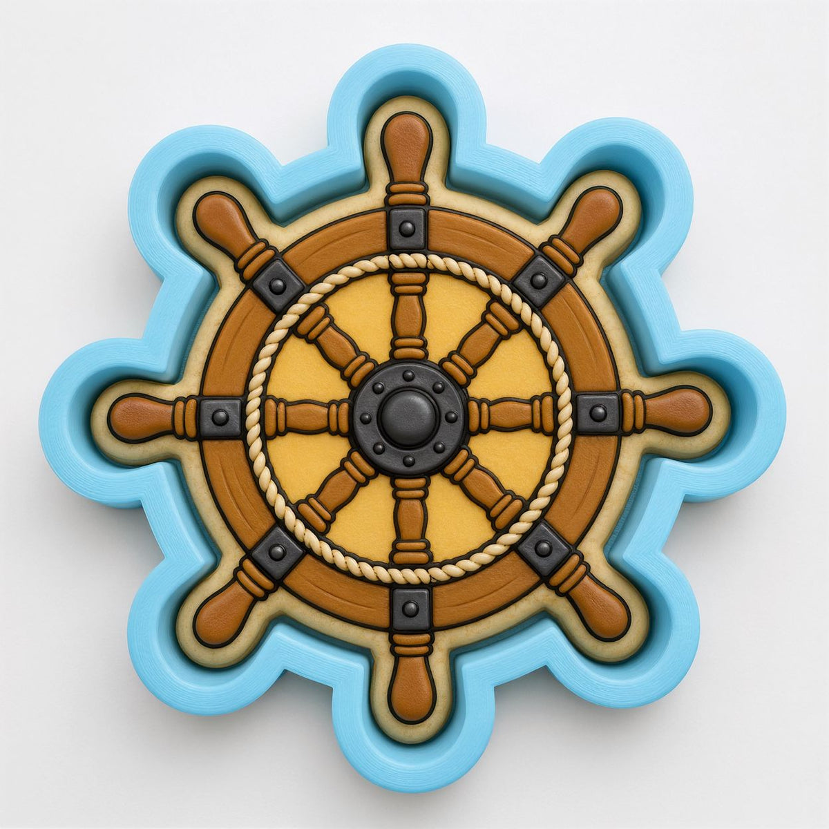 a ship's steering wheel, which is a decorative piece with a blue and brown color scheme.