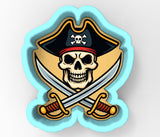 A pirate-themed cookie cutter with a skull wearing a pirate hat and crossed swords.