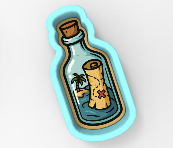 A blue-bordered cookie cutter shaped like a bottle with a map and a cork stopper inside.