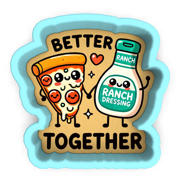 a sticker with a bottle of ranch dressing next to a slice of pizza