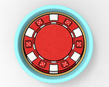 A blue and red poker chip with white dots on a white background.