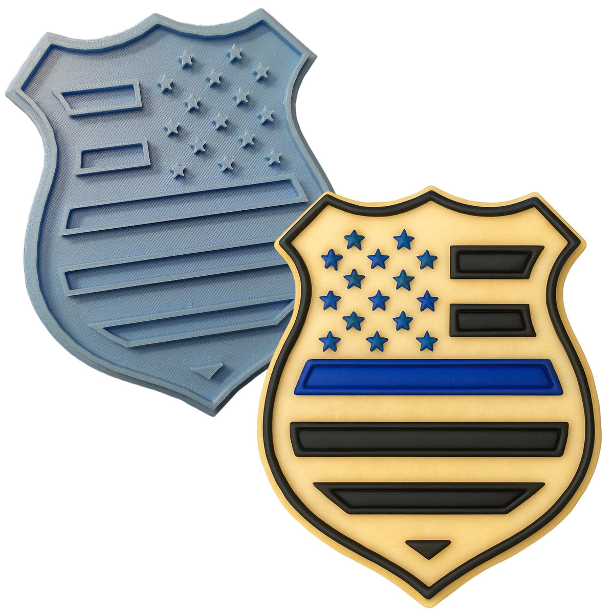 a cookie shaped like a shield and a police badge