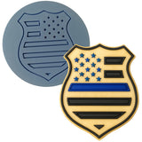 a blue and white police badge and a blue and white police badge