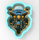 A police motorcycle with the word "POLICE" on the front, displayed in a cookie cutter shape.