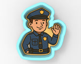 A cartoon image of a police officer in uniform, with a friendly wave gesture.