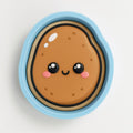A blue bowl with a cartoon potato face on it.