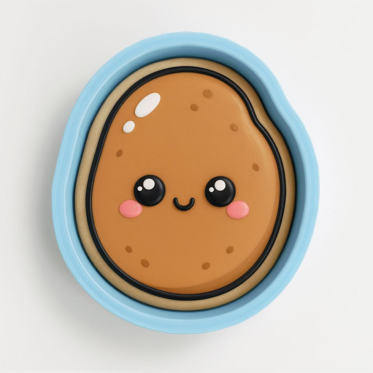 A blue bowl with a cartoon potato face on it.