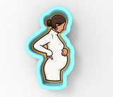 A cartoon-style illustration of a pregnant woman wearing a white dress.