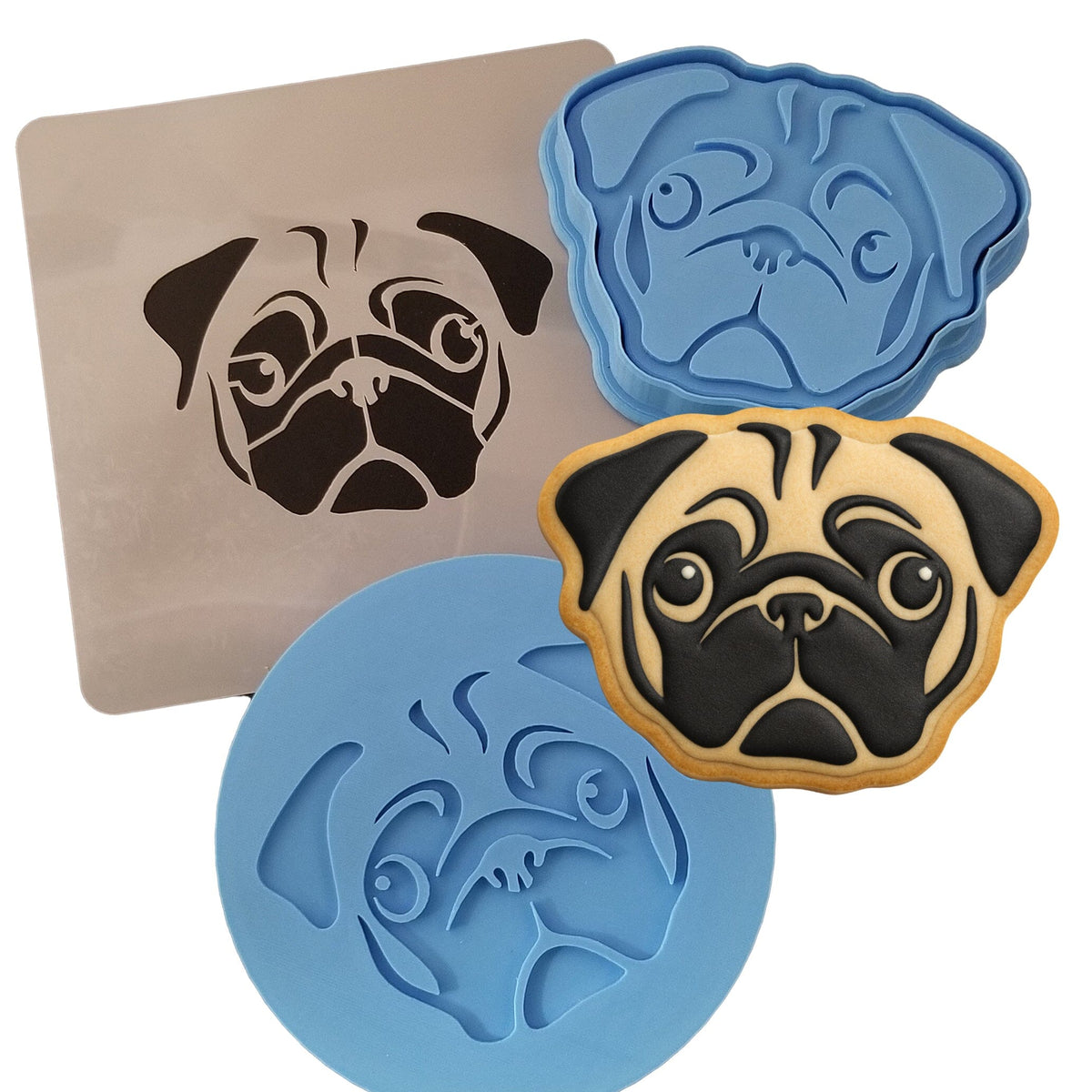Pug Face Cookie Cutter | Stamp | Stencil #1 Animals & Dinosaurs Cookie Cutter Lady MINI - 2 Inches (5cm) **FULL SET BUNDLE** Cutter + Stamp + Stencil + Debosser **BEST DEAL** 
