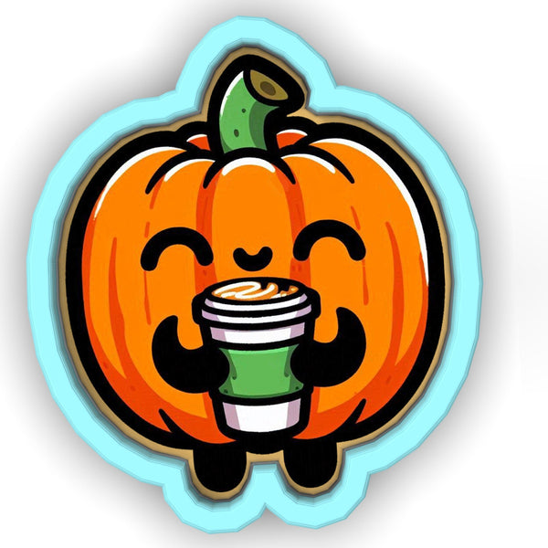 a cartoon pumpkin with a cup of coffee