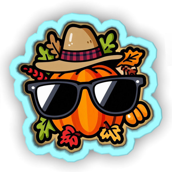 a sticker of a pumpkin wearing sunglasses and a hat