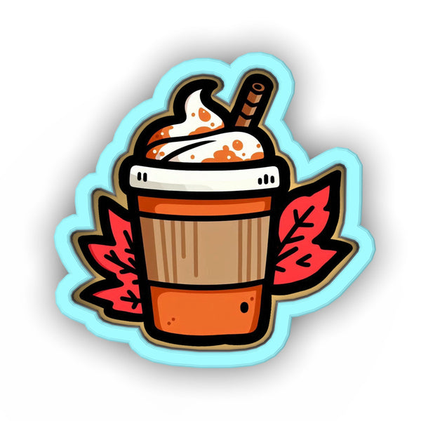 a sticker of a cup of coffee with whipped cream on top