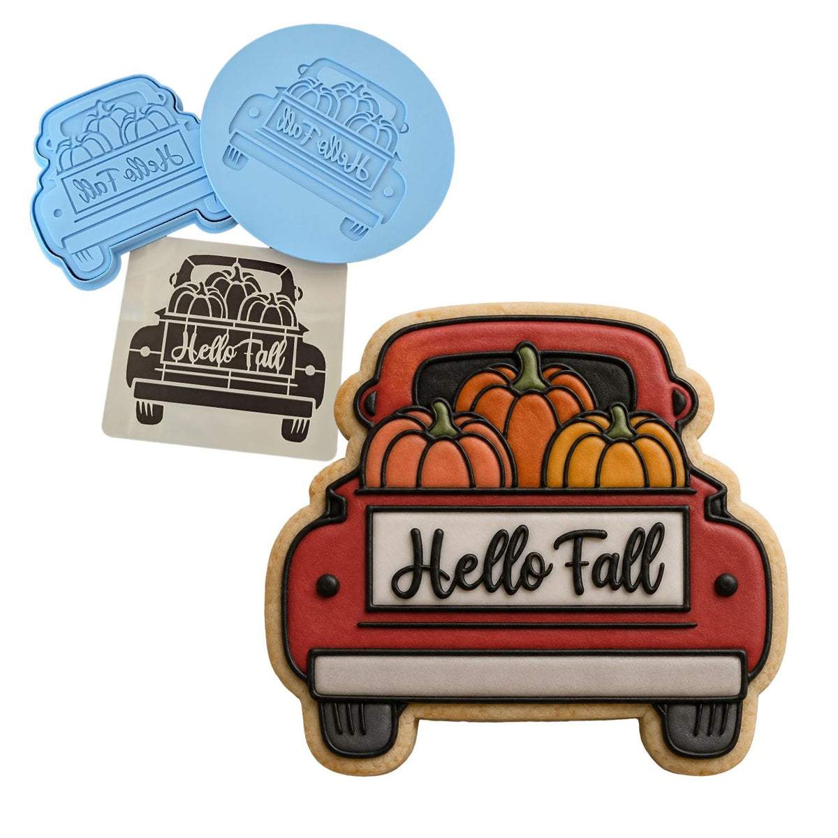 Pumpkin Truck Cookie Cutter | Stamp | Stencil #2 Halloween / Fall Cookie Cutter Lady MINI - 2 Inches (5cm) **FULL SET BUNDLE** Cutter + Stamp + Stencil + Debosser **BEST DEAL** 