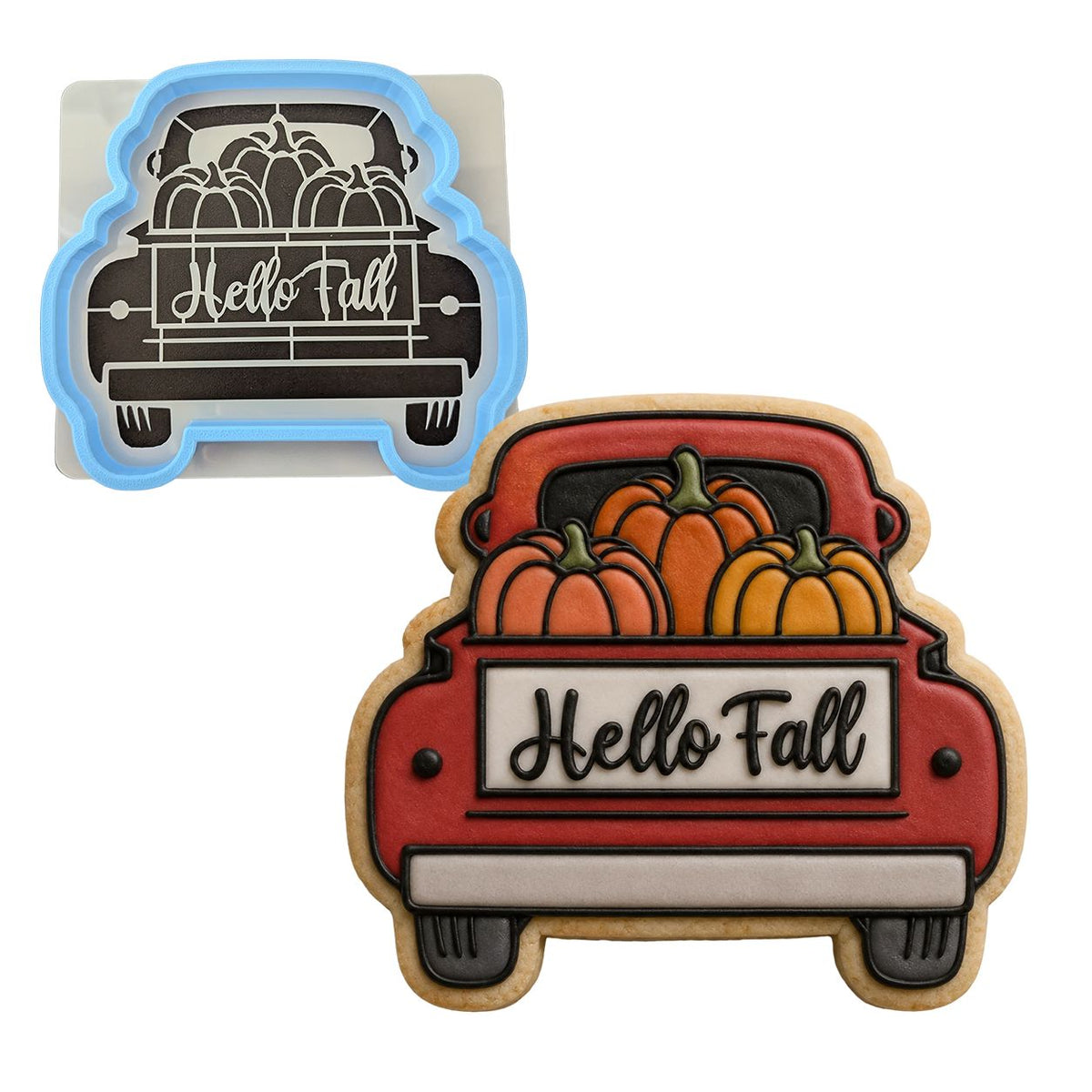 Pumpkin Truck Cookie Cutter | Stamp | Stencil #2 Halloween / Fall Cookie Cutter Lady MINI - 2 Inches (5cm) **BUNDLE** Cutter + Stencil 