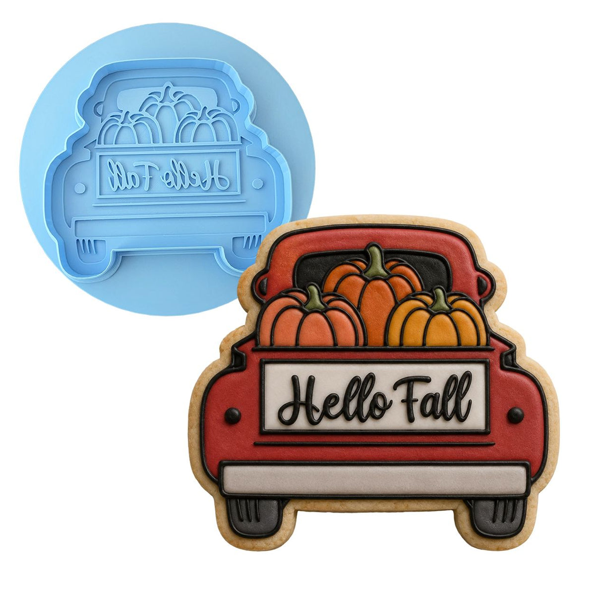 Pumpkin Truck Cookie Cutter | Stamp | Stencil #2 Halloween / Fall Cookie Cutter Lady MINI - 2 Inches (5cm) **BUNDLE** Cutter + Debosser 