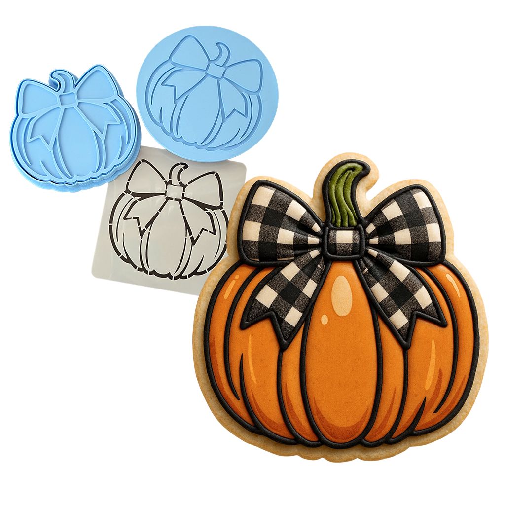 Pumpkin with Cute Bow Cookie Cutter | Stamp | Stencil - SHARP EDGES - FAST Shipping - Choose Your Own Size! #1 Cookie Cutter Lady LITTLE - 3 Inches (7.62cm) **FULL SET BUNDLE** Cutter + Stamp + Stencil + Debosser **BEST DEAL** 