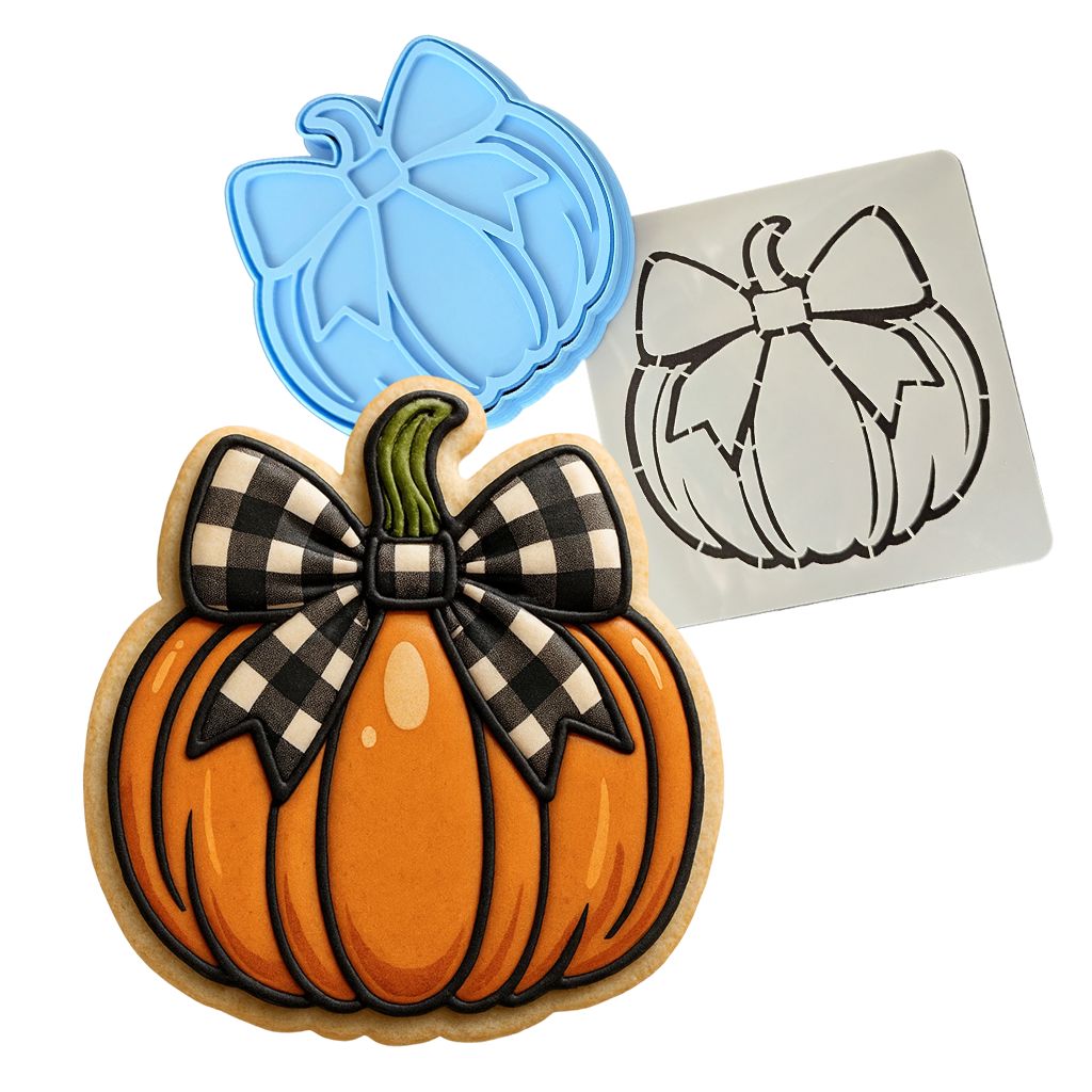 Pumpkin with Cute Bow Cookie Cutter | Stamp | Stencil - SHARP EDGES - FAST Shipping - Choose Your Own Size! #1 Cookie Cutter Lady LITTLE - 3 Inches (7.62cm) **BUNDLE** Cutter + Stamp + Stencil 