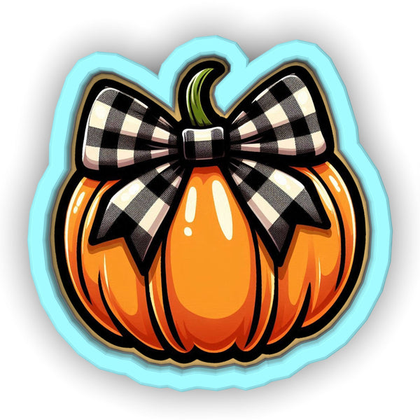 a sticker of a pumpkin with a bow on it