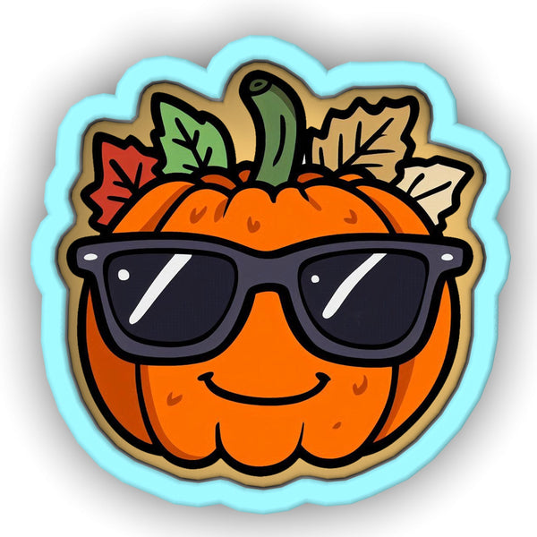 a sticker of a pumpkin wearing sunglasses