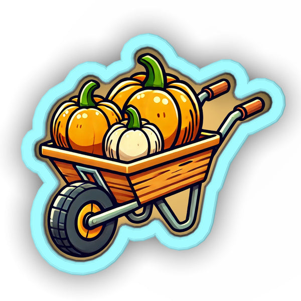 a wheelbarrow filled with oranges and pumpkins