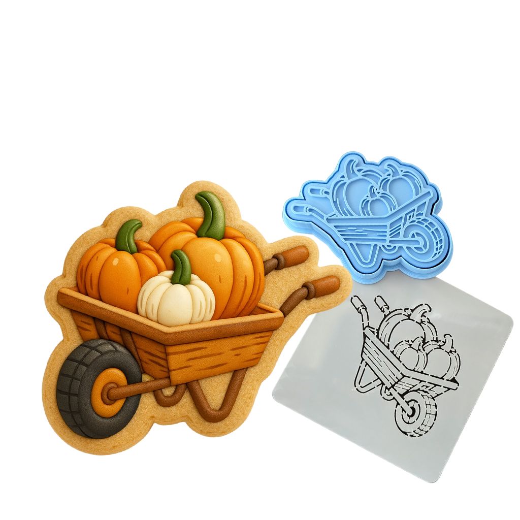 Pumpkins in Wheel Barrow Cookie Cutter | Stamp | Stencil - SHARP EDGES - FAST Shipping - Choose Your Own Size! #1 Cookie Cutter Lady LITTLE - 3 Inches (7.62cm) **BUNDLE** Cutter + Stamp + Stencil 