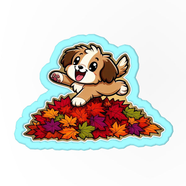 a sticker of a dog sitting on top of a pile of leaves