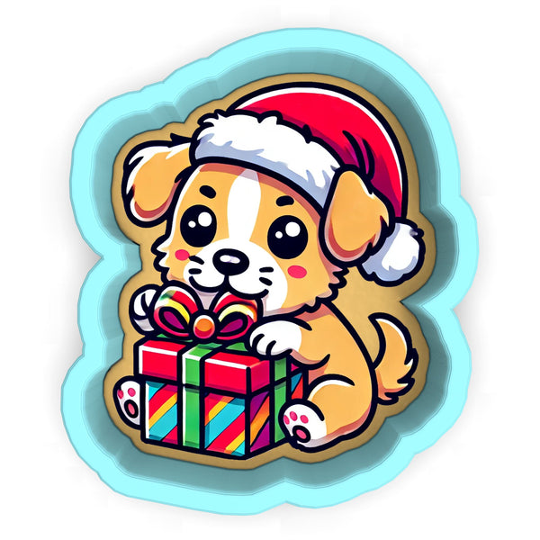 a dog wearing a santa hat and holding a gift box