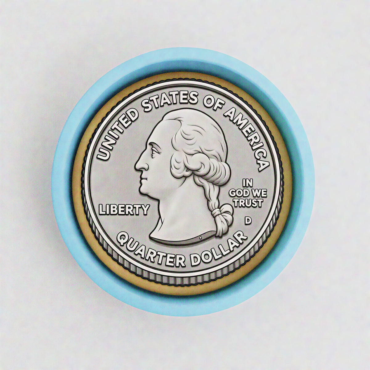 A United States quarter dollar coin with a blue rim, featuring the profile of George Washington.