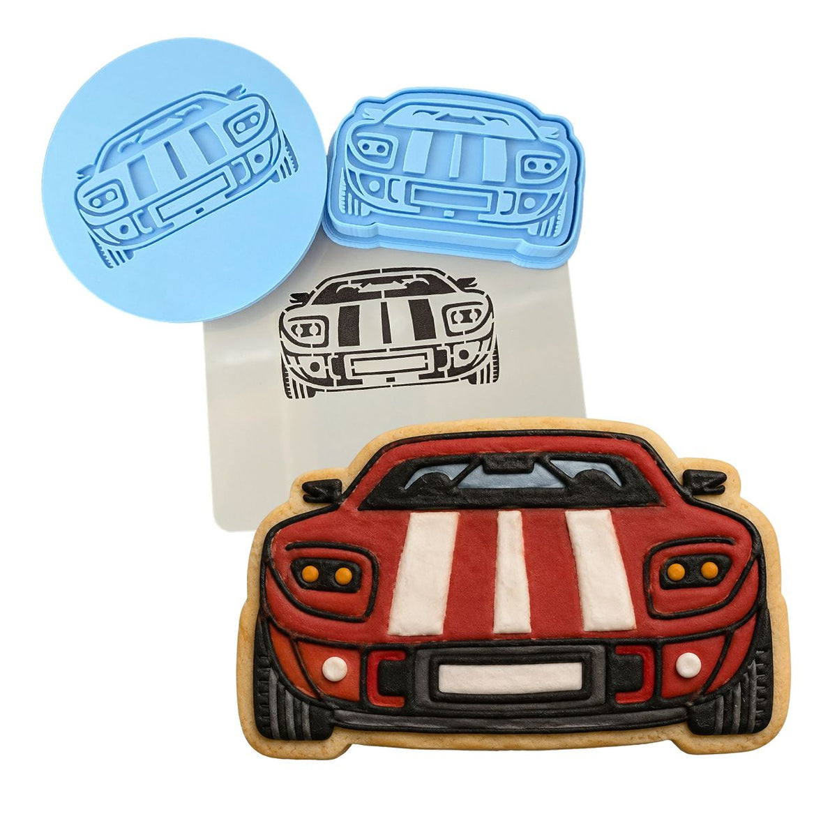 Race Car Cookie Cutter | Stamp | Stencil #2 Comic Book / Vehicles Cookie Cutter Lady MINI - 2 Inches (5cm) **FULL SET BUNDLE** Cutter + Stamp + Stencil + Debosser **BEST DEAL** 