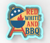 a red, white and bbq sticker on a white background
