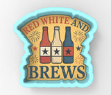 a red, white and brew sticker on a white background