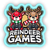 a sticker of two reindeer playing video games