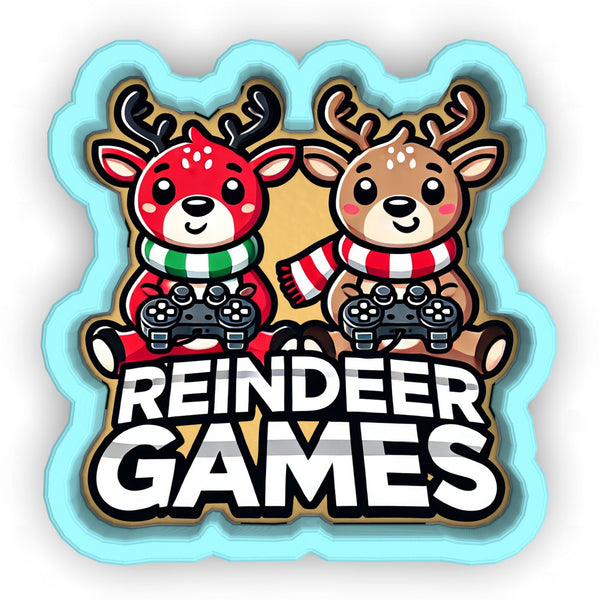 a sticker of two reindeer playing video games